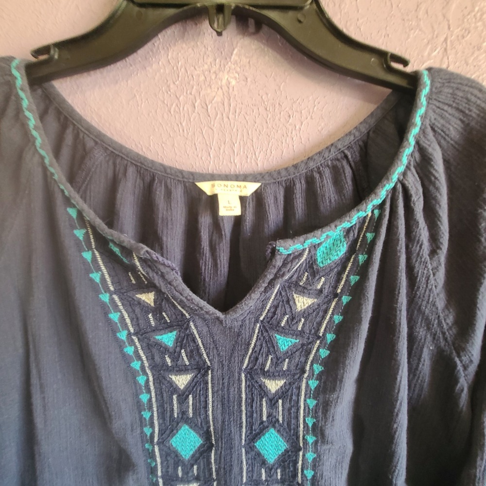 Sonoma Peasant Blouse Womens L Navy Blu Embroidered Crinkle Gauze 3/4 Sleeve Top - Picture 2 of 7
